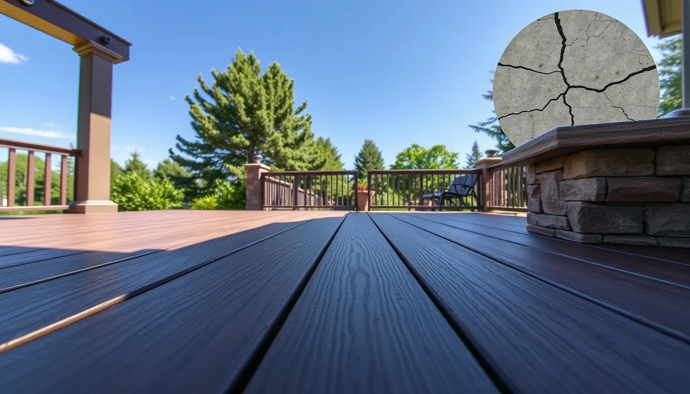 Composite decking patio under sunny sky, with cracked indoor stone nearby.
