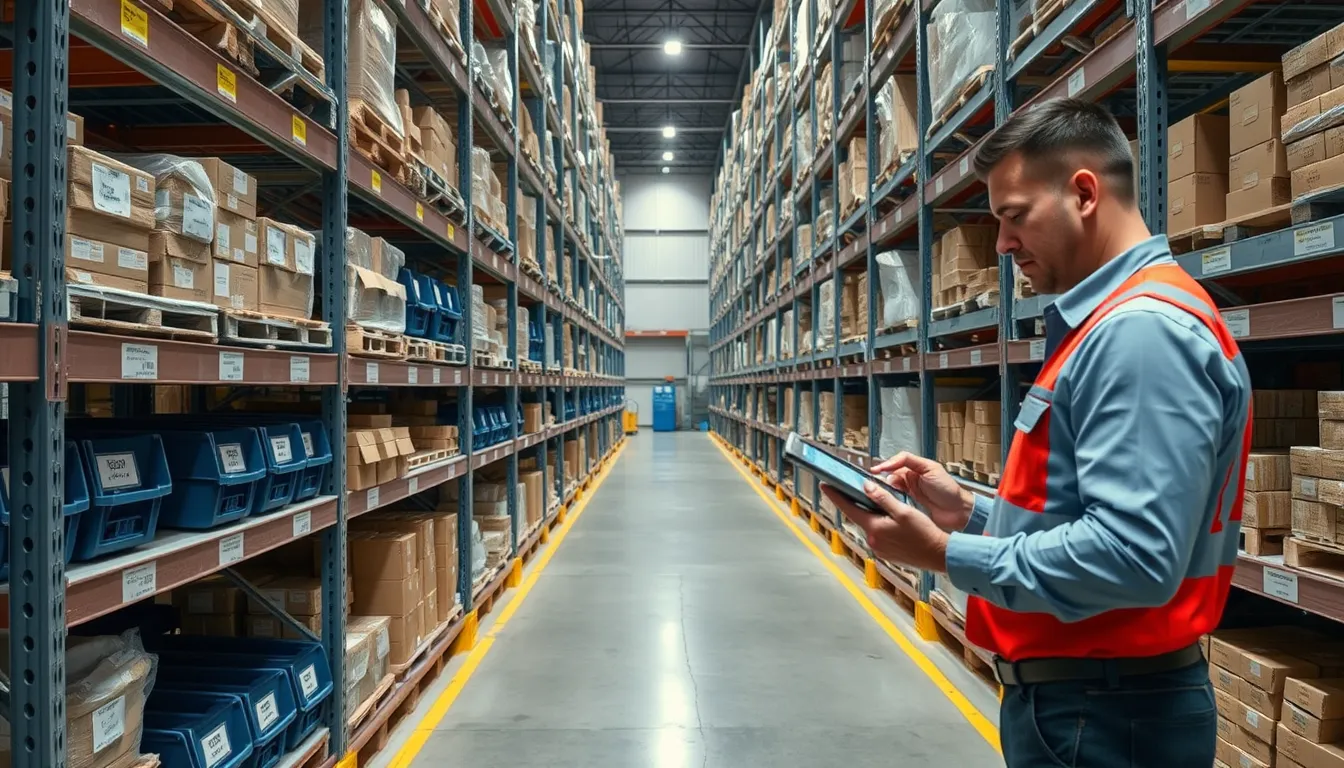A warehouse aisle with labeled bins and a worker scanning items on a tablet.