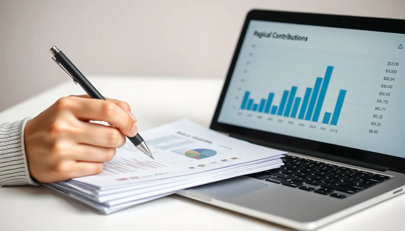 Hand with pen over documents and laptop screen showing chart.