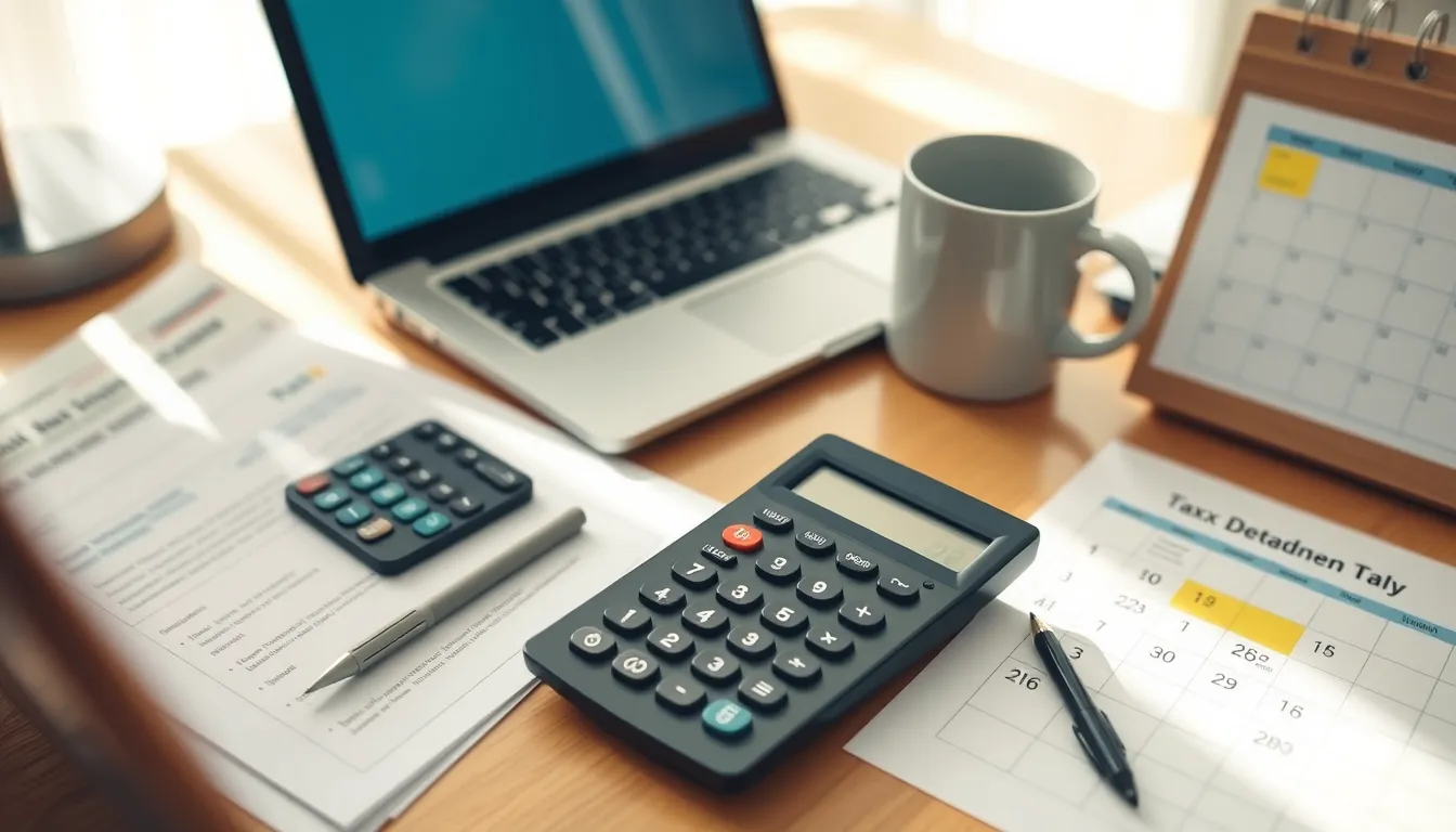Desk scene with laptop, calculator, tax forms, coffee mug, and calendar showing tax deadline.